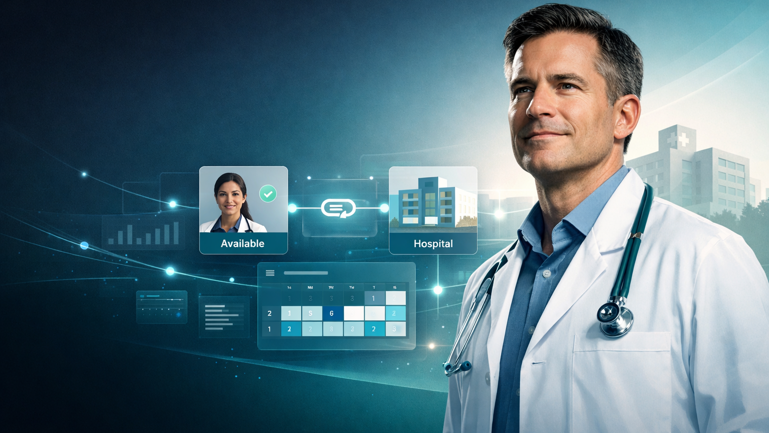 Physician Crossing his arms with Technology theme in the background.